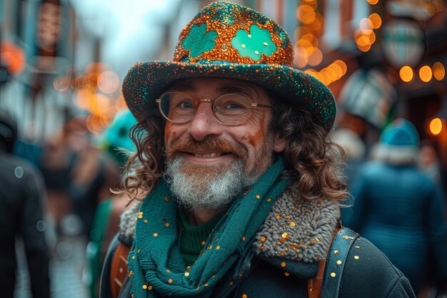 Oudere gelukkige man viert st. patrick's day in een leprechaun hoed buiten