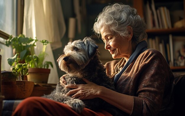 Foto oudere gepensioneerde vrouw brengt tijd door met hond thuis