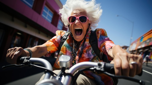 Oudere grappige gekke vrouw in de moderne motorfietsrally, vrolijk en gek expressief