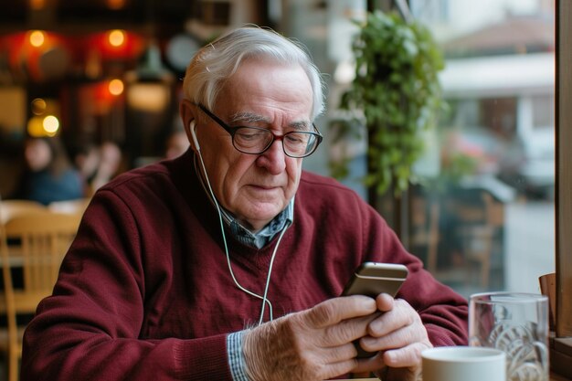 Oudere grijsharige man met een bril en een bourgogne trui die aan tafel zit en oorbellen aanpast terwijl hij naar audio op een mobiele telefoon luistert