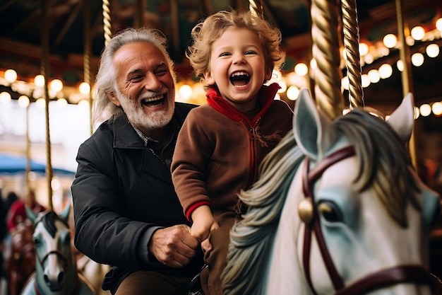 Oudere heer en zijn kleinzoon rijden op een carrousel AI