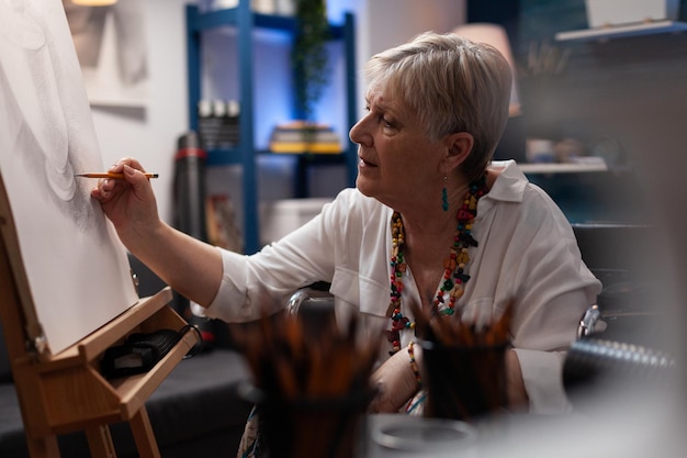 Foto oudere kunstenaar die een statisch natuurmodel van een vaas in de schaduw stelt met potlood op papieren canvas in een creatieve thuiswerkplaats. senior vrouw voelt zich creatief tekenen houtskoolschets op ezel in kunststudio.