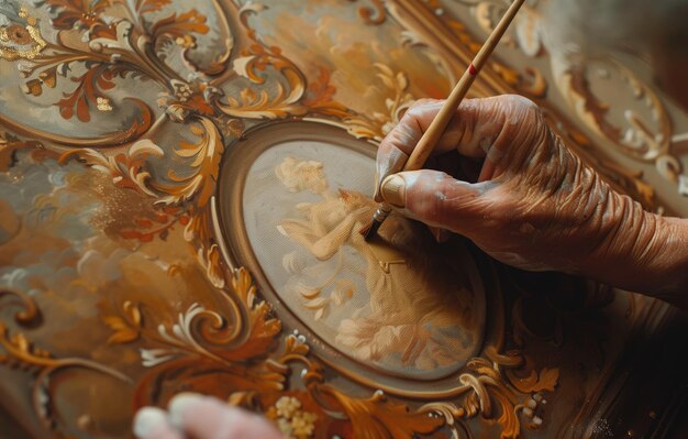 Foto oudere kunstenaar herstelt nauwgezet ingewikkelde barokke ornamenten