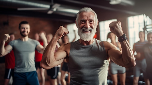 Oudere man blijft actief en woont fitnesscursus bij AI gegenereerd