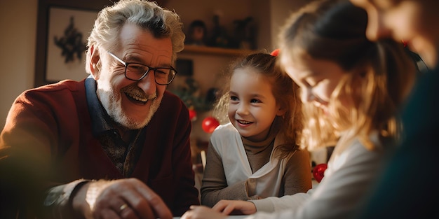 Oudere man deelt een vreugdevol moment met de intieme binnenscène van de familie van AI voor generatiebinding