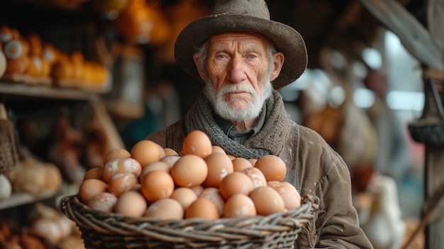 Oudere man die een mand vol verse kippen eieren toont