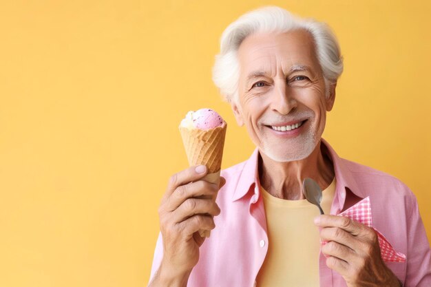 Oudere man die ijs eet op een gele achtergrond