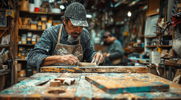 Oudere man die met hout werkt in een werkplaats