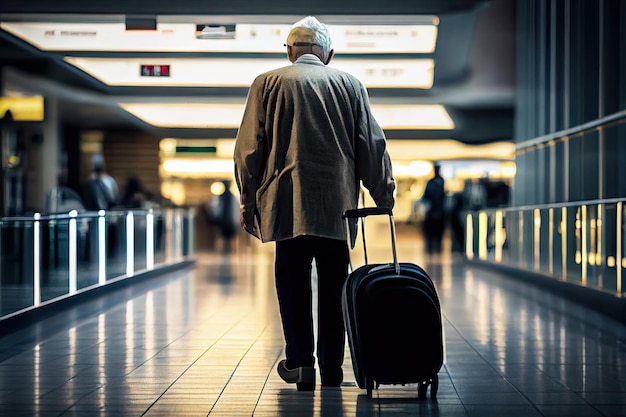 Oudere man die op de luchthaven loopt met een grote koffer om te reizen