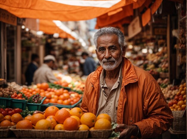 Oudere man die verse sinaasappels verkoopt op de buitenmarkt