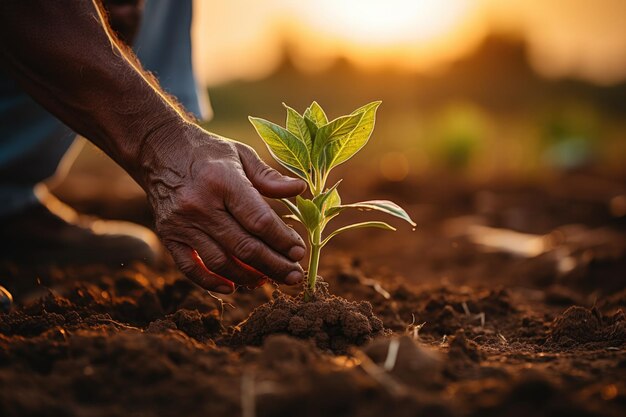 Oudere man die zaailingen plant op een wazig platteland en op een achtergrond van zonlicht Generatieve AI