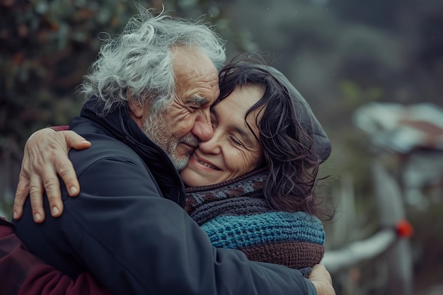 Foto oudere man en volwassen vrouw omhelzen elkaar en tonen genegenheid en geluk in een natuurlijke omgeving