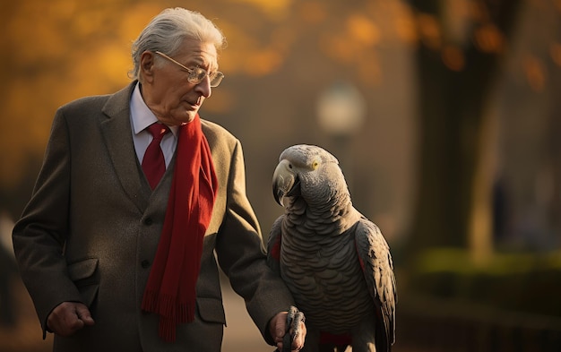 Oudere man en zijn Afrikaanse grijze papegaai