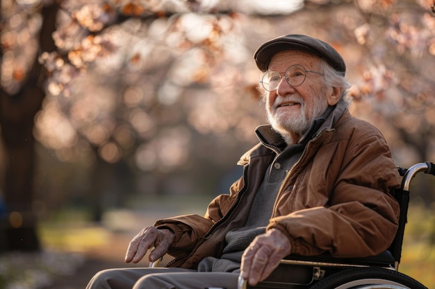 Oudere man in rolstoel in het park