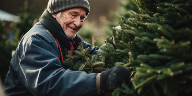 Oudere man kiest een perfecte kerstboom die zich voorbereidt op het feestelijke seizoen