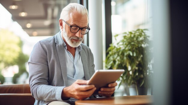 Oudere man leest nieuws op een tablet