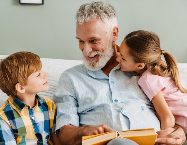 Foto oudere man met grijs haar die een boek leest met kleinkinderen jongen en meisje