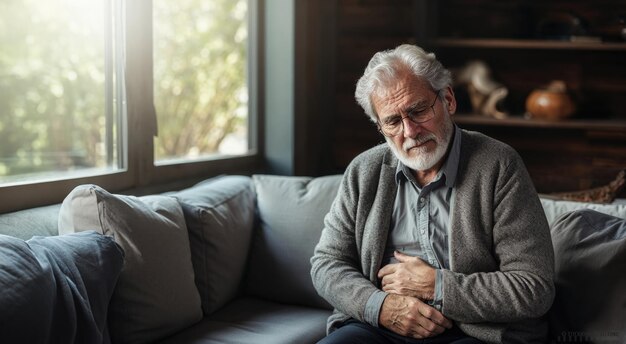 Oudere man met pijn die thuis op een bank zit