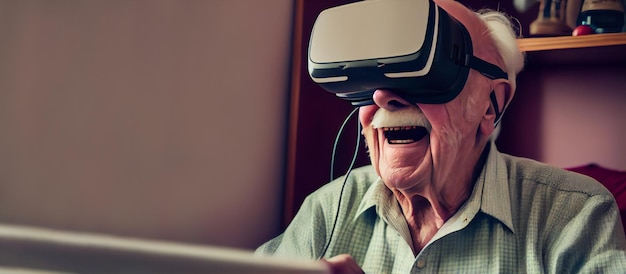 Oudere man met virtual reality-headset veel plezier met technologieportret thuis Generatieve AI