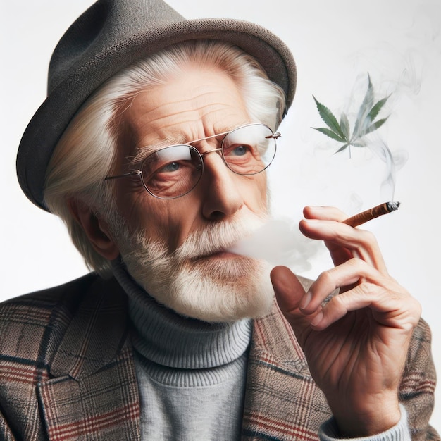 oudere man rookt een twist marihuana op een witte achtergrond