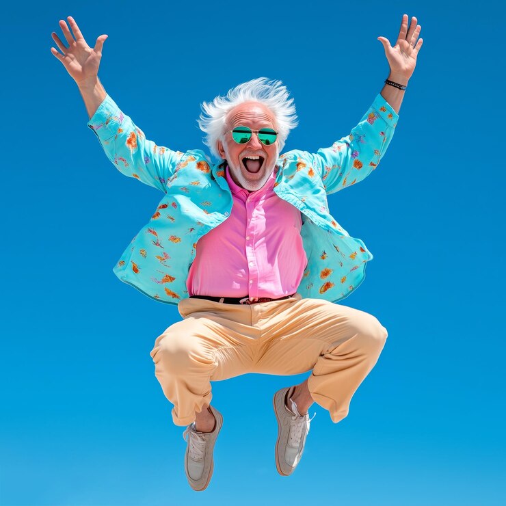 Oudere man springt vreugdevol in een heldere turquoise jas onder een heldere blauwe hemel