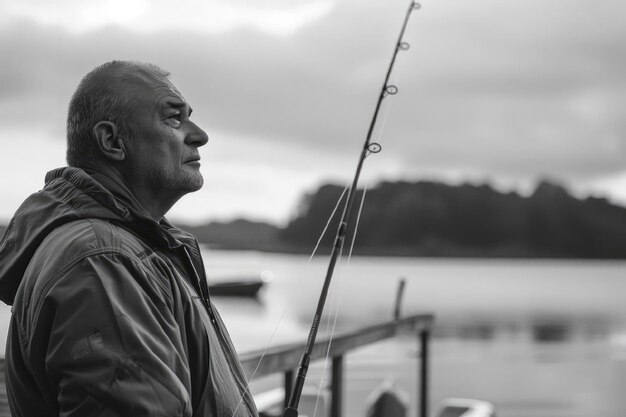 Foto oudere man vissen op het meer zwart-wit fotografie