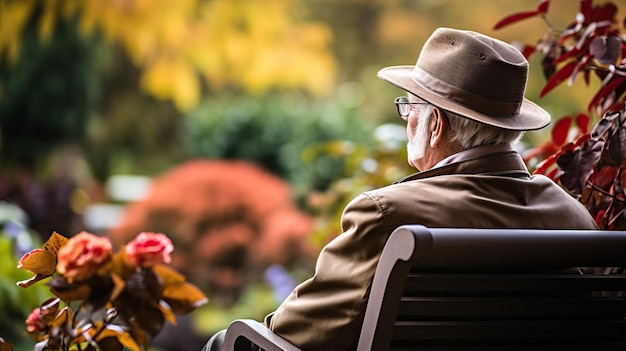 Foto oudere man zit op een bankje in de herfsttuin
