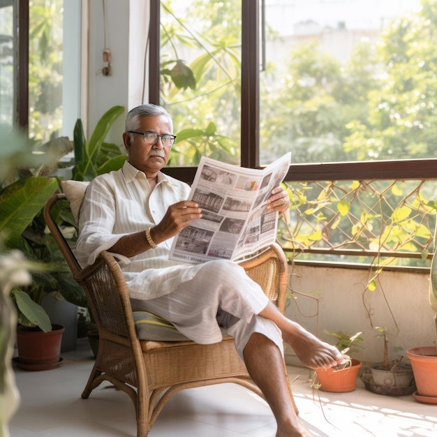 oudere man zit op een houten stoel en leest krant