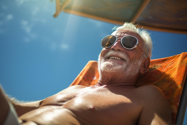 Oudere mannelijke toerist die overdag op een zonnebank op zee zonnebadet met generatieve ai