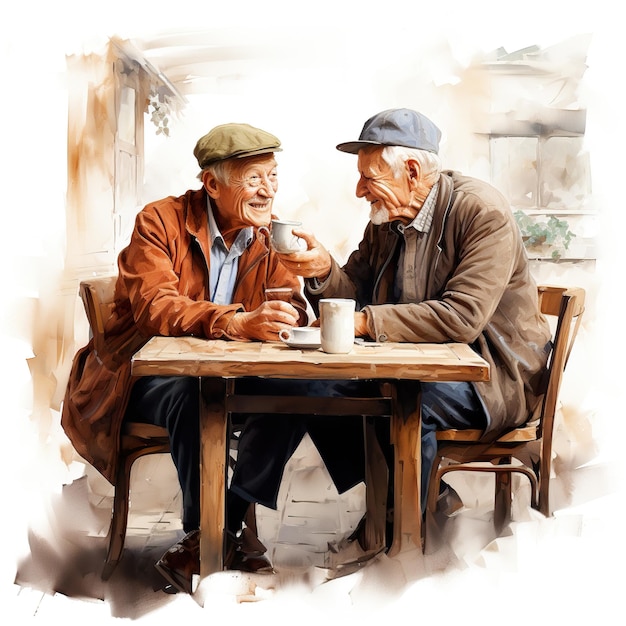 Oudere mannen drinken koffie en zitten aan een café tafel geïsoleerd op een witte achtergrond