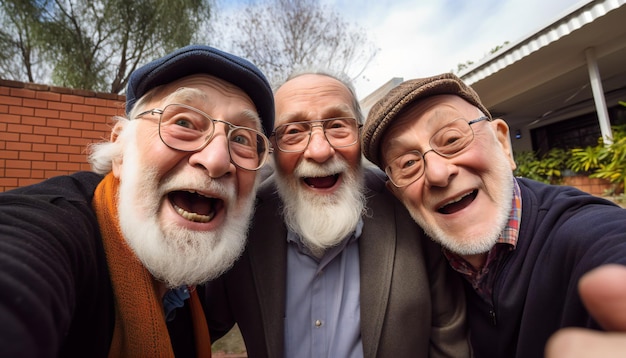 Oudere mannen hebben plezier bij het maken van een selfie met vrienden