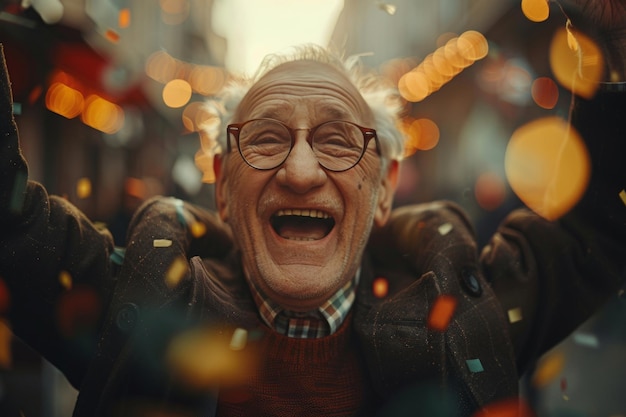 Foto oudere mannen lachen uitbundig tussen de stadslichten