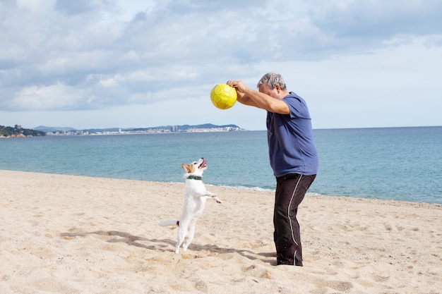 Oudere mannen Oudere man spelen met een hond op het strand in het zomerseizoen.