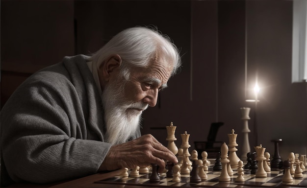 Foto oudere mensen spelen schaak om te genieten van het kijken naar de tijd die voorbijgaat.