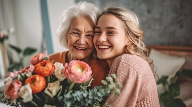 Oudere moeder glimlacht terwijl ze geniet van de liefde van haar dochter op moederdag generatieve ai