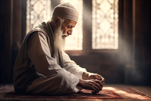 Oudere moslimman die in de moskee bidt Silhouet van een moslimman die bidt in een islamitische ceremonie