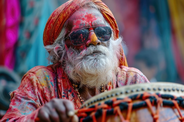 Oudere muzikant met kleurrijke gezichtsverf die een traditionele trommel speelt