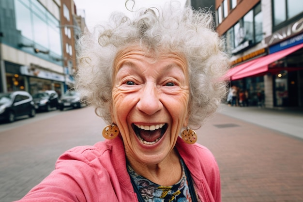 Foto oudere oude vrouw gelukkige en verbaasde uitdrukking stad achtergrond