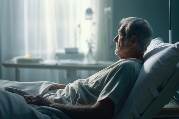 Oudere patiënt slaapt op bed in ziekenhuisafdeling Generatieve AI