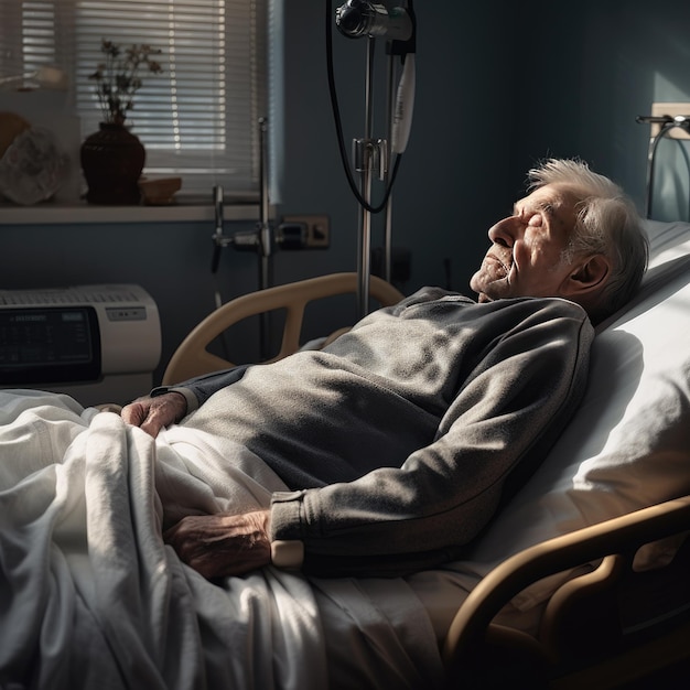 Oudere patiënt slaapt op bed in ziekenhuisafdeling Man in revalidatie Ziekenhuiskamer Generatieve ai