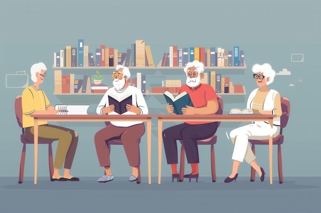 Oudere personen bestuderen vreemde talen met behulp van leerboeken en woordenboeken samen in een gezellige bibliotheek vol boeken Generatieve AI
