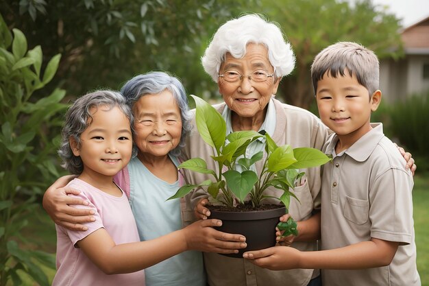 Oudere personen en kinderen met planten