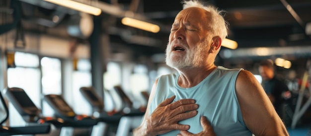 Foto oudere persoon met pijn in de borst tijdens oefening in de sportschool een medisch noodgeval