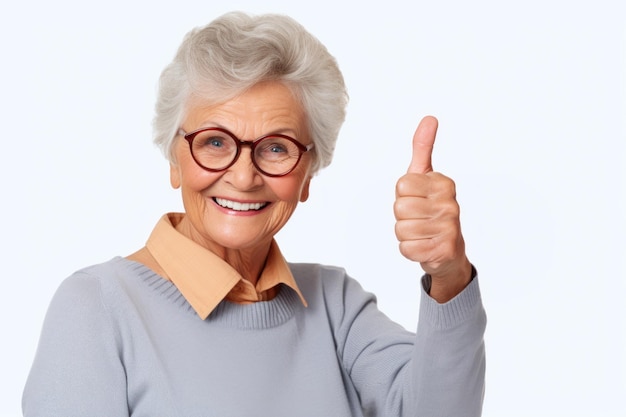 oudere persoon toont OK, goedkeuren of leuk signaal met duim omhoog generatieve Ai