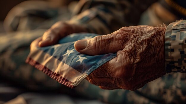 Oudere veteraan houdt gevouwen Amerikaanse vlag met eer en emotionele zwaartekracht