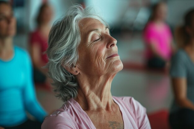 Oudere vrouw beoefent yoga in de studio met haar vrienden met AI gegenereerd