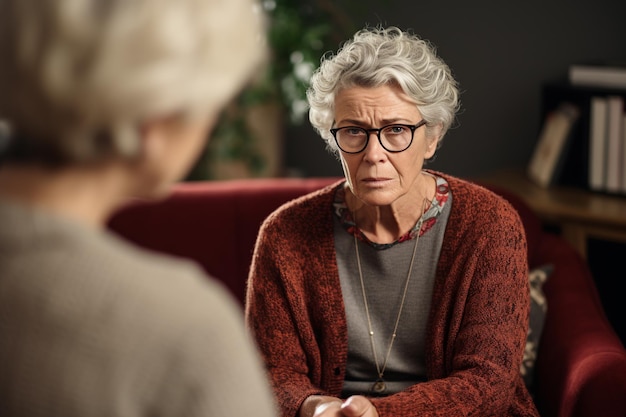 Oudere vrouw bespreekt problemen met psychotherapeut in kantoor