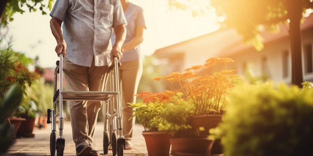 oudere vrouw die een oudere man helpt met het lopen van generatieve ai