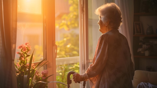 Oudere vrouw die naar de zonsondergang kijkt