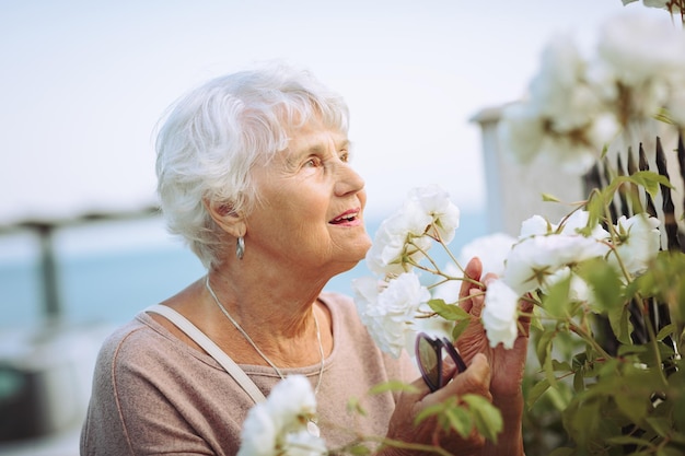 Oudere vrouw die prachtige struiken met witte rozen bewondert